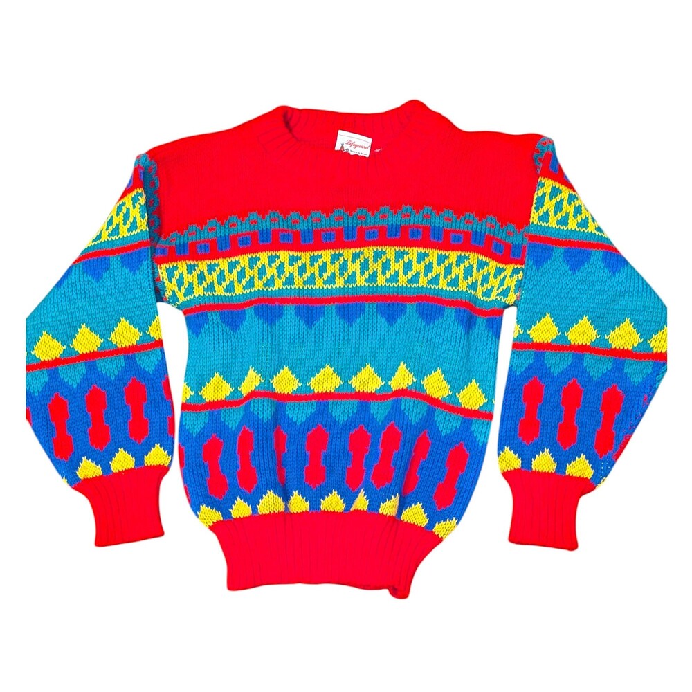 Vintage 80s Lifeguard Geometric Knit Sweater Kids Size S/M Great Britain Winter